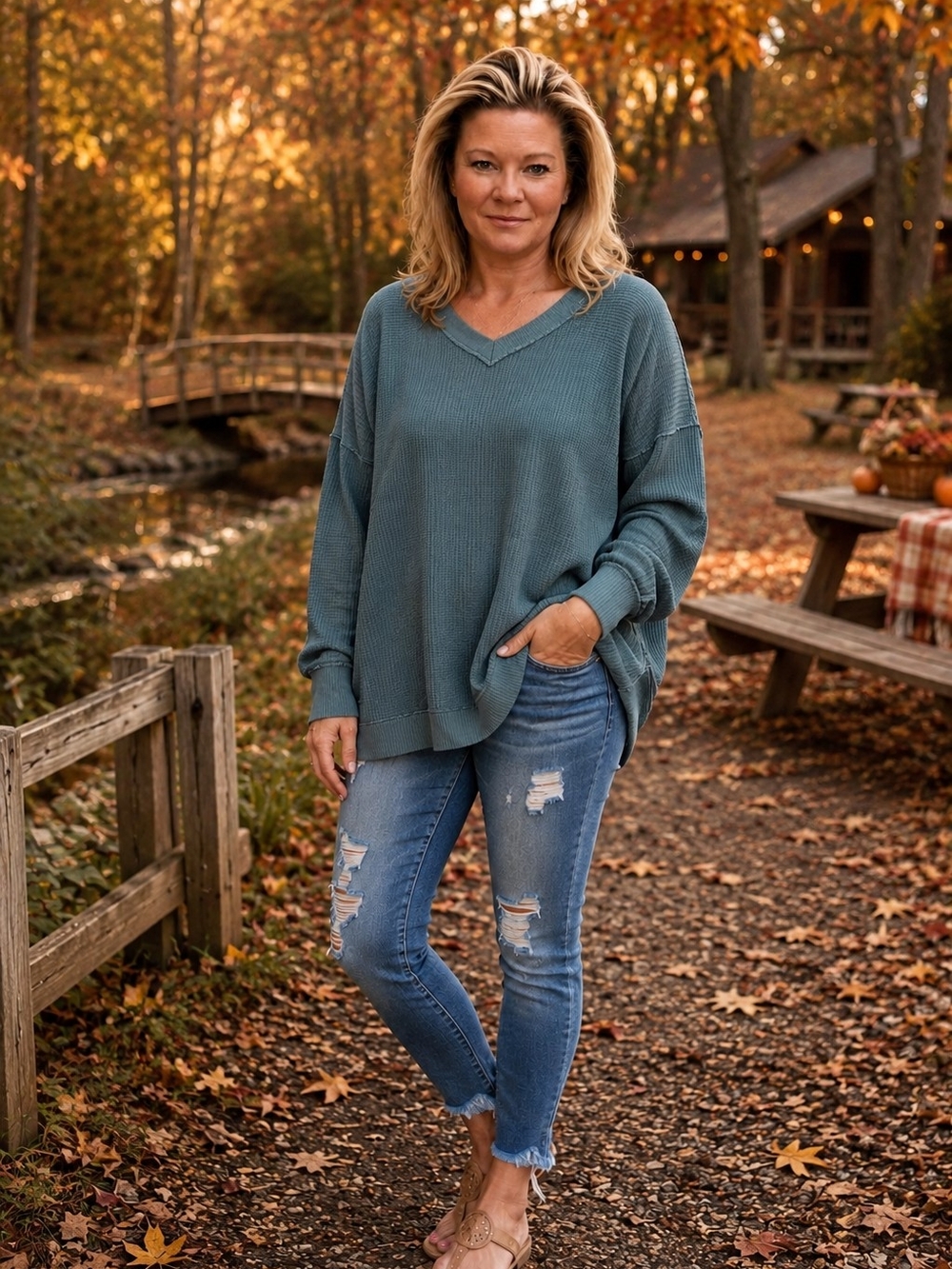 Oversized Distressed V-Neck Waffle Knit Sweater